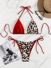 Leopard Print Color Block - 3D Print String Bikini - Triangle Bikini Set