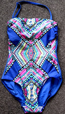 F & F, Ladies blue/multi halter/strapless/straps Swimsuit, Size 12.
