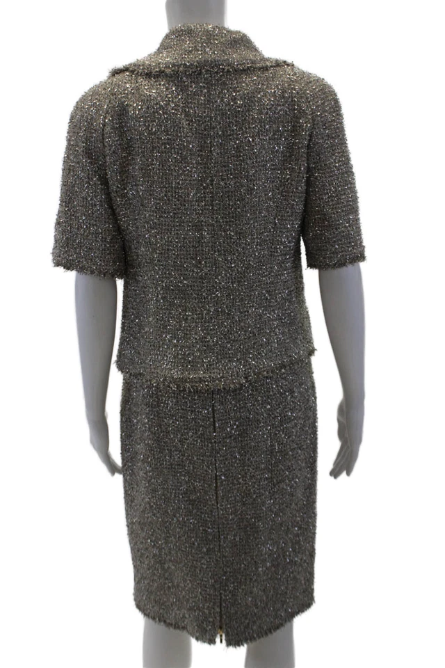 Chanel Mujer Mezcla Algodón Metálico Manga Corta Falda Traje Plateado Talla 40 42 Foto 3 de 4