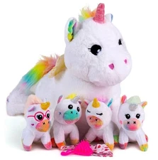 Tumtotz 5 in1 Mommy Unicorn Stuffed Animal with 4 Baby in Belly - Girls Gift 3+