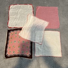 Vintage Handkerchief Lot 5 Crochet Edge Linen Border Pink White Granny