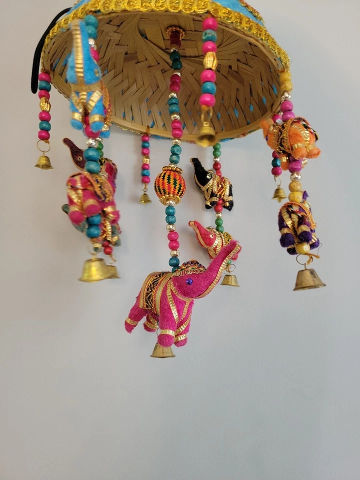 Hecho a mano estilo indio buena suerte elefante paraguas móvil colgante de pared decoración boho Foto 3 de 4