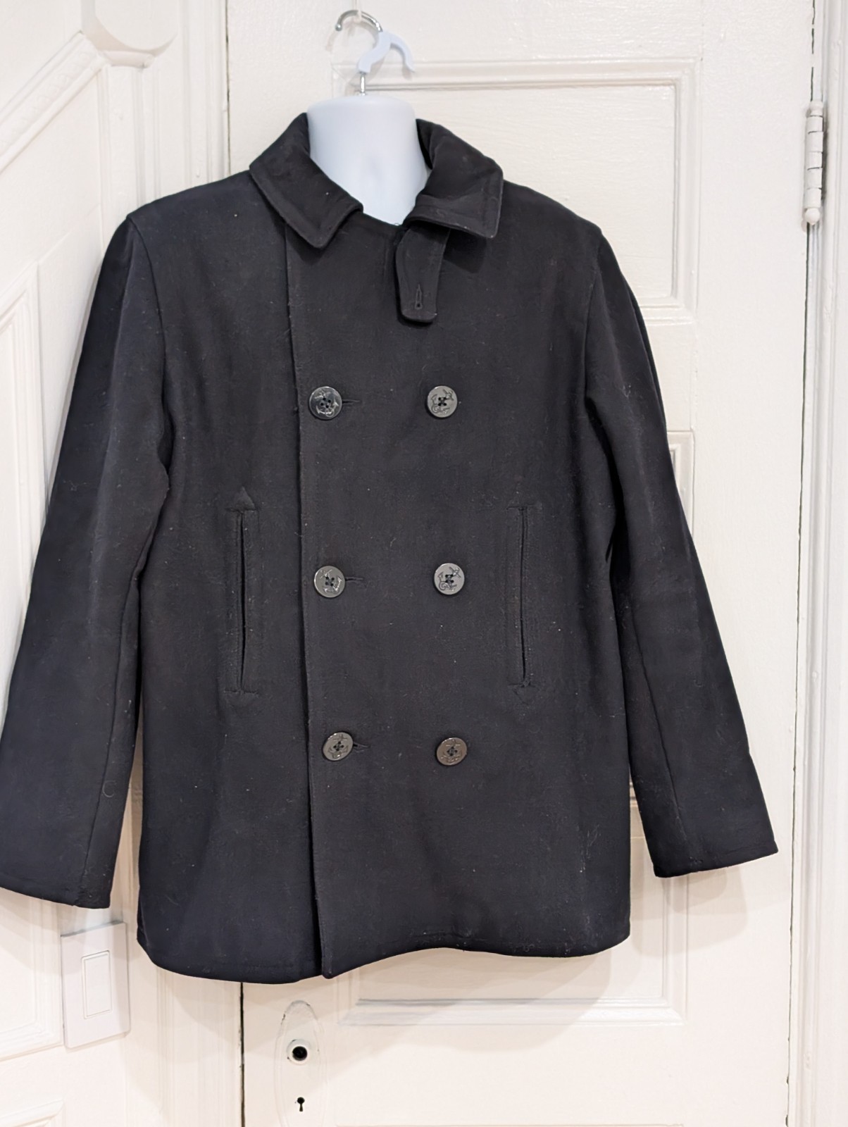 Old Navy Mens Large Black Wool Blend Pea Coat with Anchor Buttons Double Breasted Design