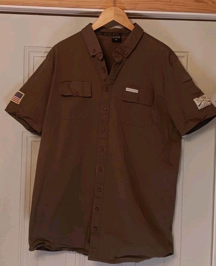 Grunt Style Men's 2XL Olive Military Mechanic Button Down with USA Patch