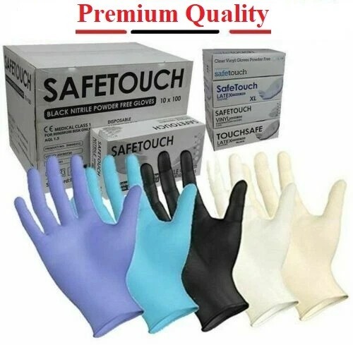 SAFETOUCH Disposable Latex, Black Nitrile or Blue Vinyl Gloves Powder Free - 100 Boxed