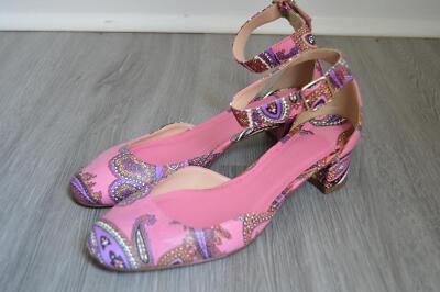 JCrew $238 Paisley Printed Leather Block Heels Sz 5.5 Pink Multi F4865 Shoes
