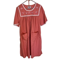 Womens Coral Embroidered Short Sleeve House Dress Pockets Go Softly Small Pink