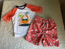 Old Navy 2T Boys Swim Set Trunks Rashguard Surf Skate Crab Pineapple