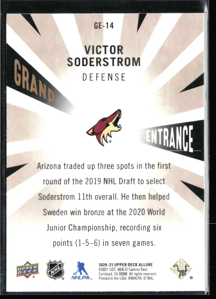 2020-21 Upper Deck Allure Grand Entrance Victor Soderstrom #GE-14 H8R2C - Image 2 of 2