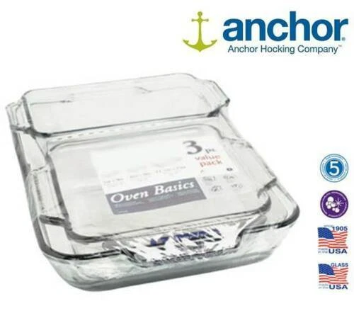 Anchor Hocking Set of 3 Glass Oven Roasting Loaf Dish Tray Set Baking Dish
