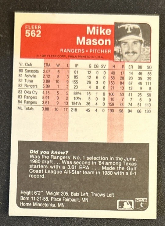 1985 Fleer Mike Mason Baseball Rookie Card (RC) #562 Rangers Pitcher VG O/C - Image 2 of 2