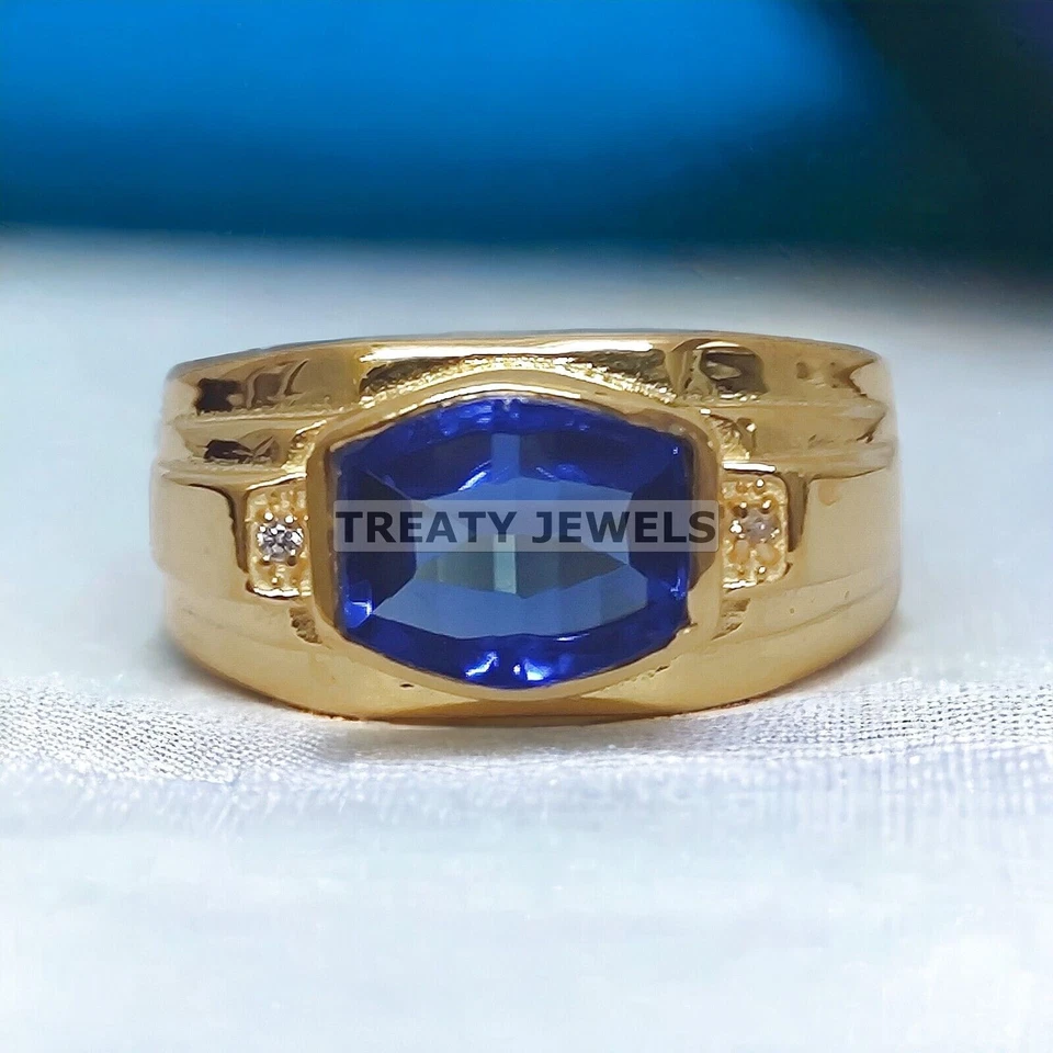 Anillo chapado en oro de plata de ley 925 con corte cojín de zafiro azul para hombre #286 Foto 2 de 4