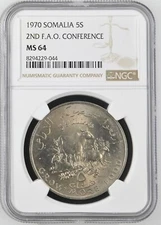 1970 Somalia 2nd FAO Conference 5 Shillings Coin - NGC MS 64