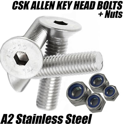 M12 A2 EDELSTAHL MASCHINENSCHRAUBE SENKSCHRAUBEN INNENSECHSKANTSCHRAUBEN + NYLOC MUTTERN