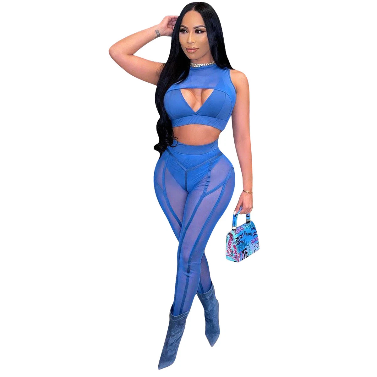 New Women Fashion Solid Sleeveless Mesh See Through Patchwork Club Outfits 2pcs