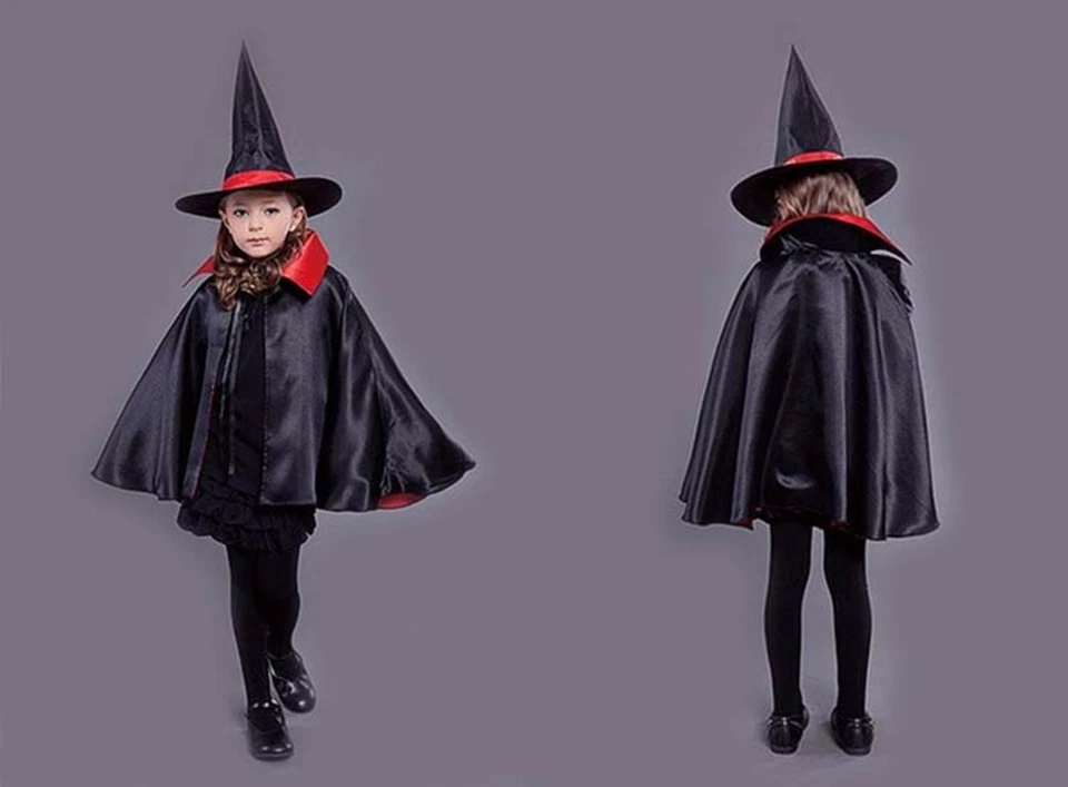 Niño Niña Niños Brujas Sombrero Vampiro Capa Fiesta Elegante Disfraz de Halloween Foto 2 de 4