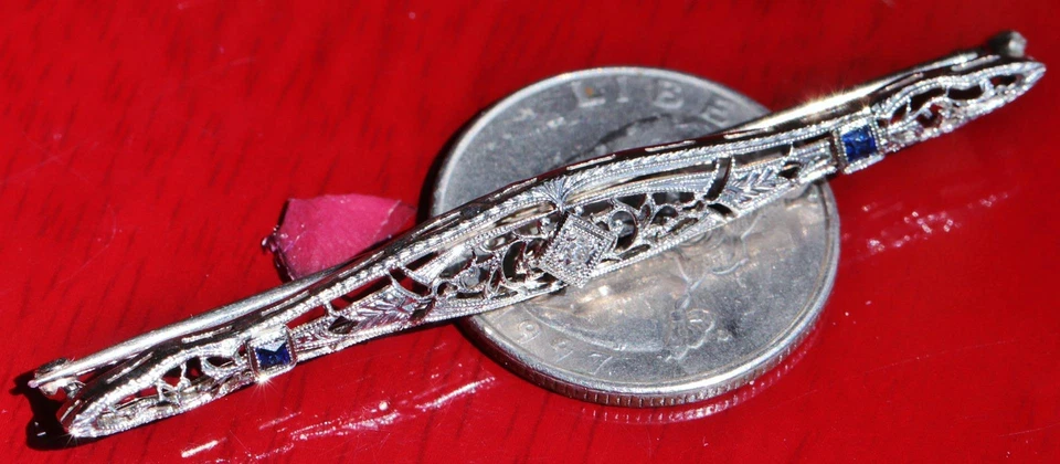 Broche de zafiro tratado con diamantes 0,15c platino 1/25 oro 14k años 1900 antiguo 3,1 g Foto 4 de 4