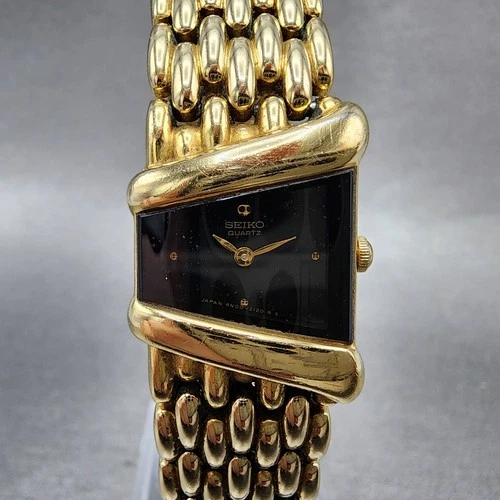 Seiko Watch Women 20mm Black Dial Gold Tone Asymmetrical 4N00-5749 New Battery