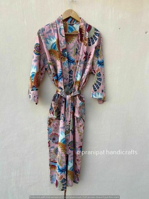Mukat Print Robe Full Length 3/4 Sleeves Pink 100% Cotton women Kimono Dress