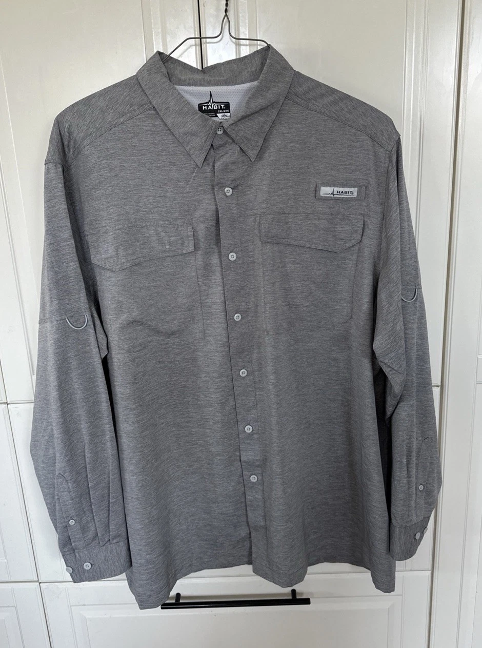 HABIT Men'sLong Sleeve Button Down Vented Fishing Shirt UV Protection Gray 2XL