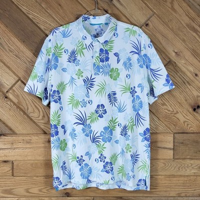 Tori Richard Polo Shirt Mens L Hawaiian Tropical Hibiscus Floral White Blue