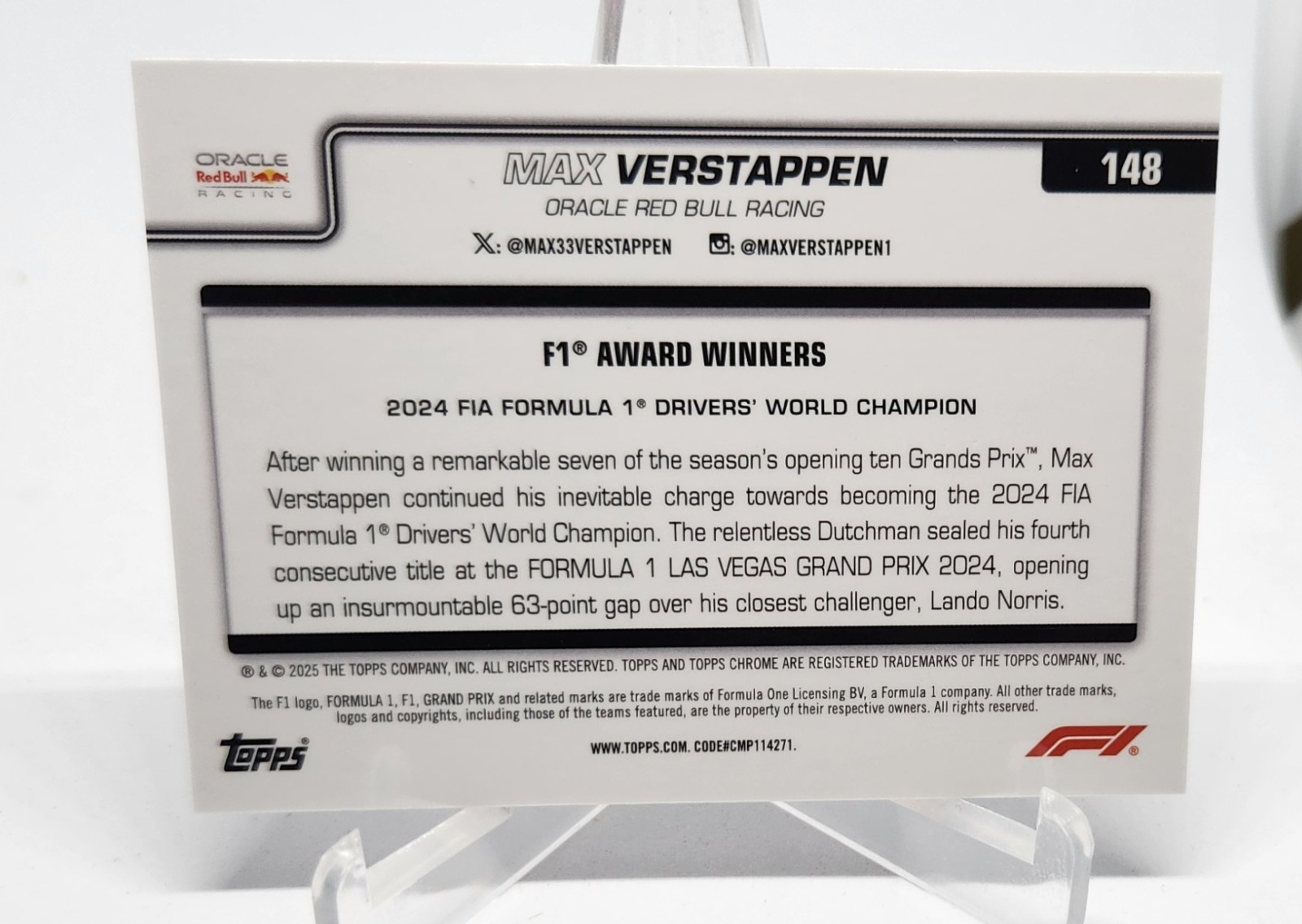 2025 Topps Chrome F1 Max Verstappen '24 World Champion Pink Checker 150/250 #148 view 2