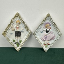 Vintage Chalkware Boy Girl Wall Plaques Set Mid Century Nursery Decor 4.75