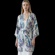 VTG Japanese Kimono Robe Duster Cotton Sz M L Purple Teal Floral Knee Length 70s