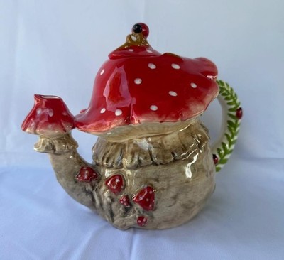 Rare Blue Sky Clayworks Heather Goldminc Mushroom Lady Bug Ceramic Tea Pot New