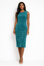 Calvin Klein Sheath Dress Size 14 Teal Blue Faux Suede Sleeveless Career