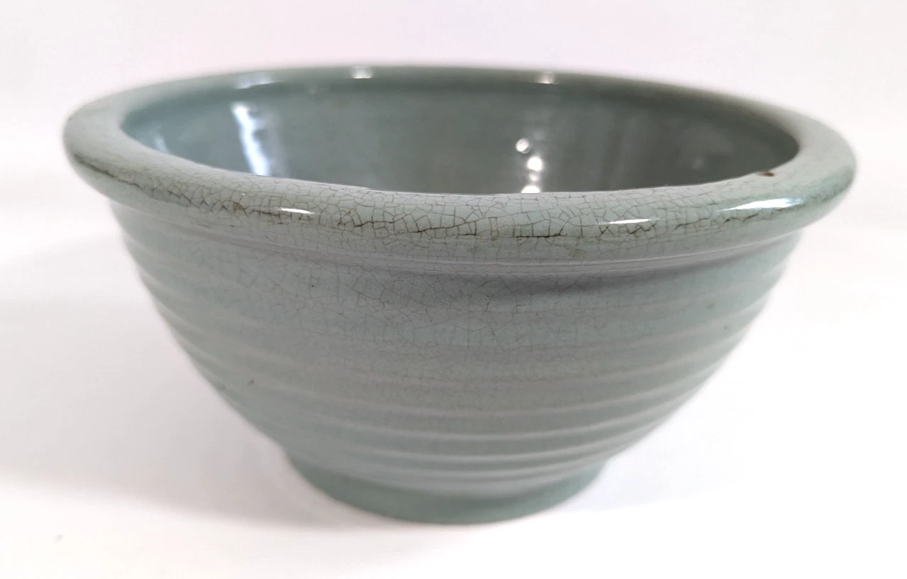 Vintage York Pfaltzgraff Stoneware Pottery Blue Green Ribbed Mixing Dough Bowl 9