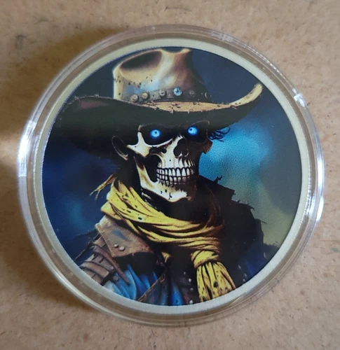 Hayleybug 1 oz Deadeye Drifter Cowboy Skull Silver Art Round Mintage #3/15