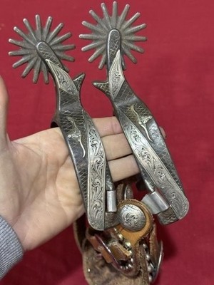 Texas Longhorn Silver Vintage Rugged Heavy Duty Spurs & Leather Straps Cowboy