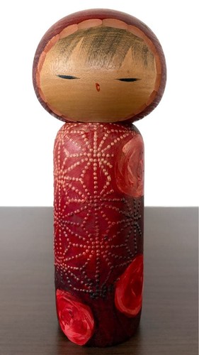 Masao Watanabe kokeshi doll rose design dappled pattern渡辺 正雄 23cm 9inch sign