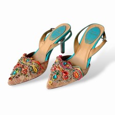 Rene Caovilla Embellished Lace Slingback Heels 39 Tortoise Crystal Italy