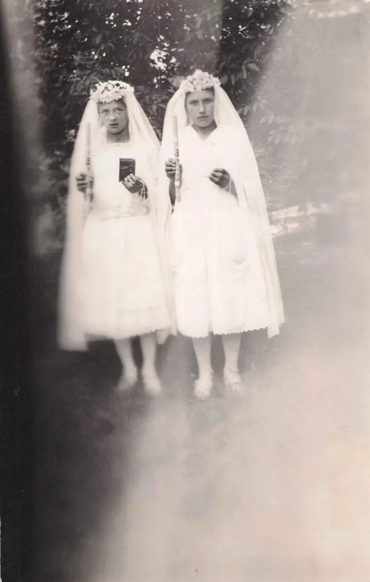 Black and White Real Photo Two Girls Dressed In White Communion