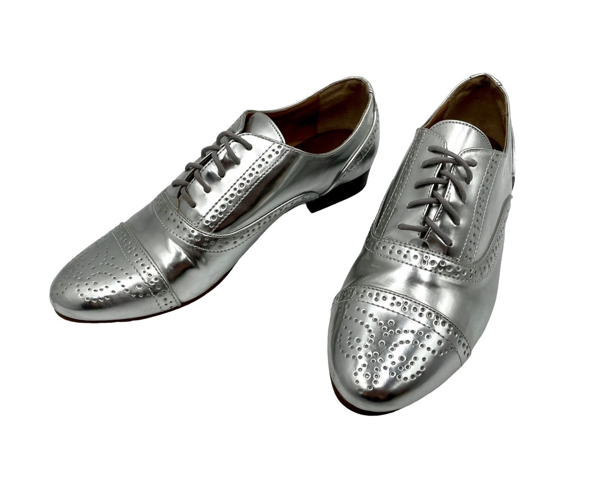 Crew Mirror Metallic Silver Oxford Shoes Size