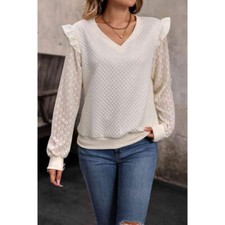 V-Neck Ruffle Trim Long Sleeve Sweatshirt