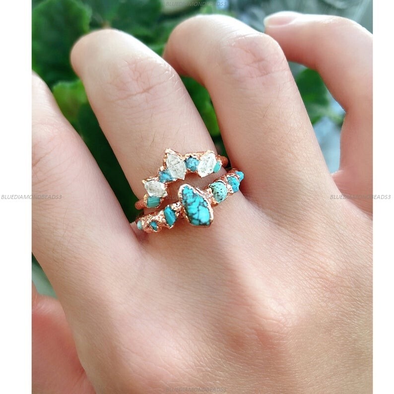 Birthstone Set Art Deco Engagement Ring 14k Gold Turquoise Diamond Jewelry