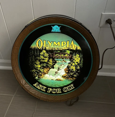 Vintage 1981 ASK FOR OLY OLYMPIA Beer Barrel Motion Sign Light Up Waterfall READ