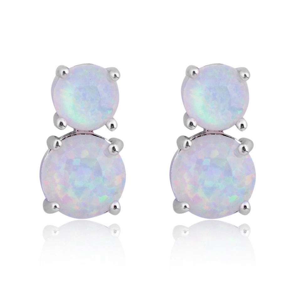 Preciosos aretes colgantes redondos de plata con piedras preciosas de ópalo de fuego blanco de 2 piedras de Navidad Foto 4 de 4