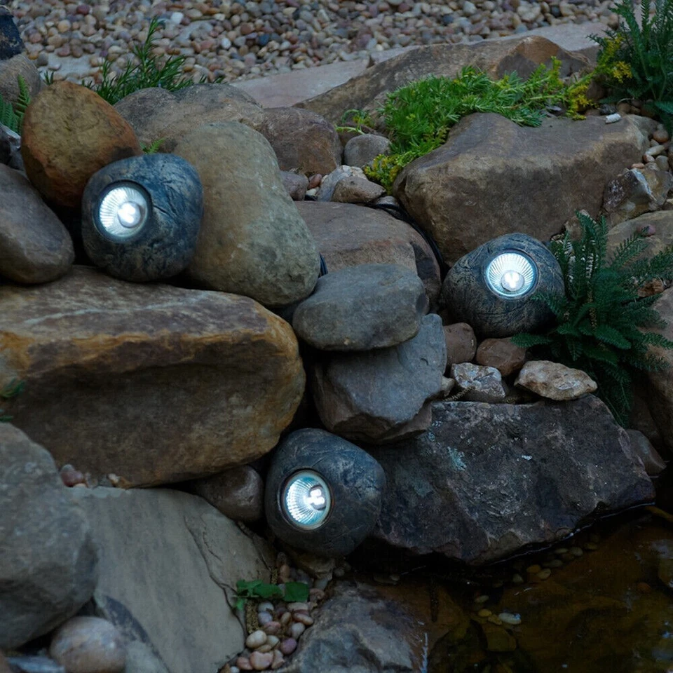 4pc Solar Rock Spotlights LED Decorative Stone Patio Path Lawn Lights 11cm - Image 4 of 4