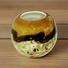 Hand Blown Studio Art Glass 5.25” Brown White and Tan Orb Vase