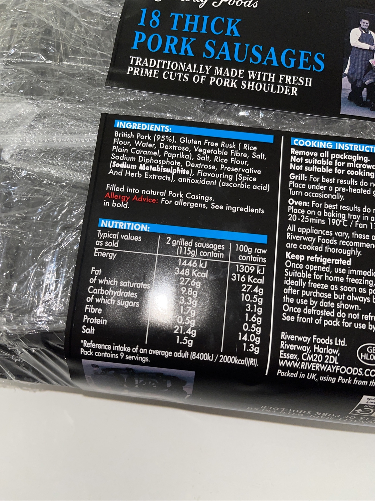 18 thick pork sausages 1.2kg riverway foods premium rage 95 Pork