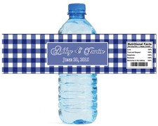 100 Blue Gingham Wedding Anniversary Engagement Party Water Bottle Labels 8"x2"