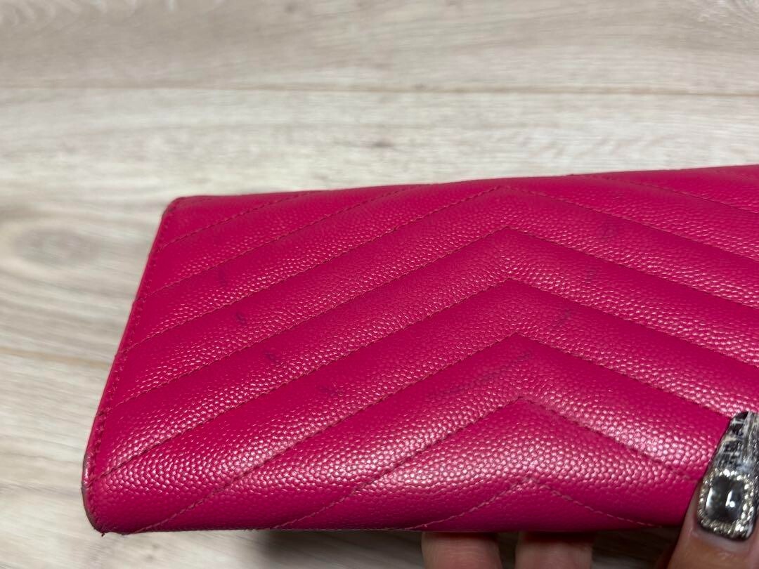 Saint Laurent Long Wallet Large Flap Pink Leather Vstitch YSL Logo
