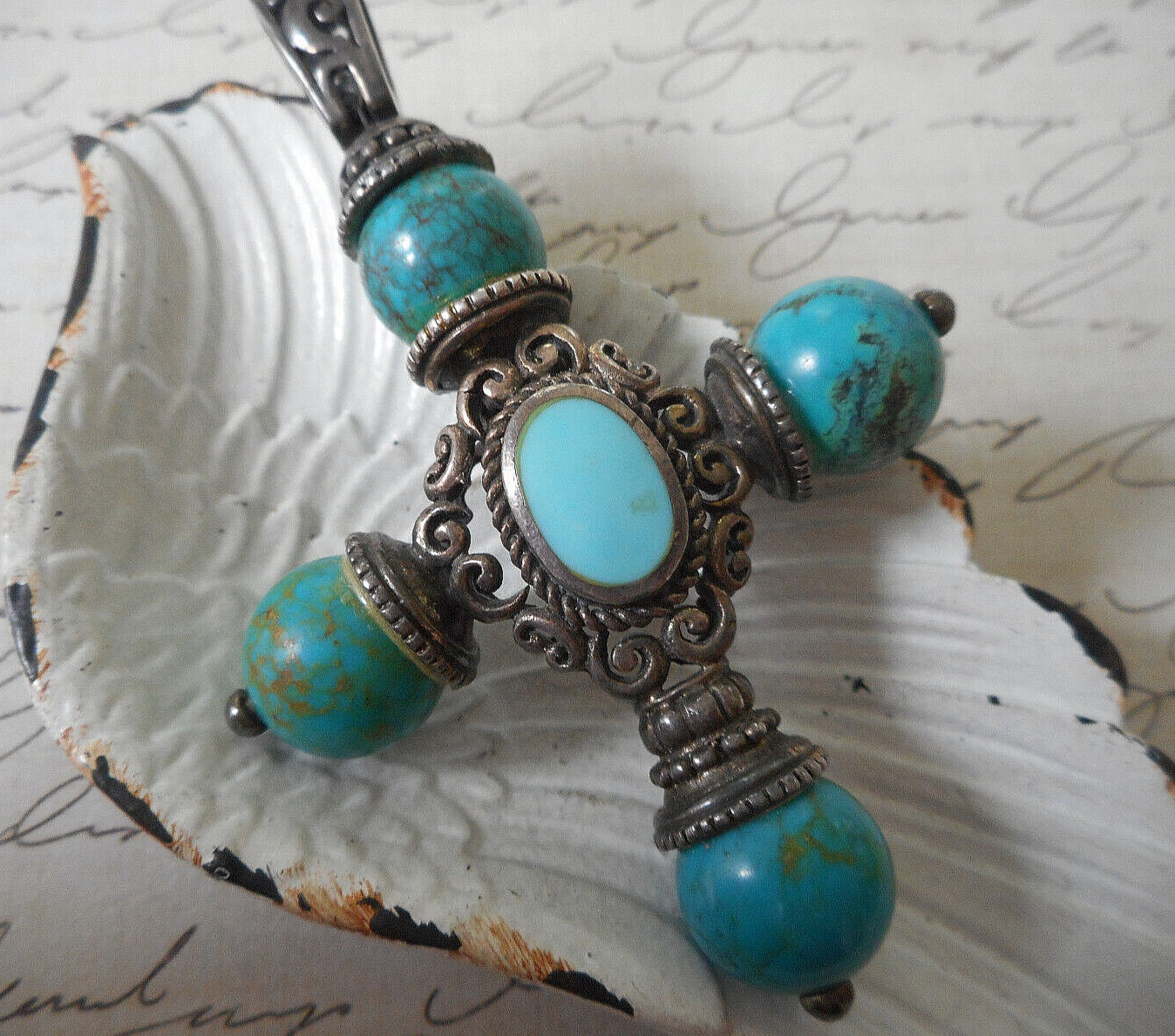 Vintage Sterling Inlaid Turquoise & Turquoise Beads Cross Pendant  RE38A7