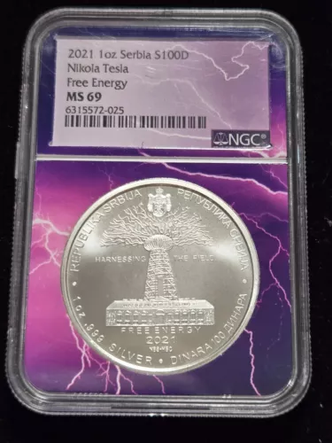 2021 Serbia 100 Dinara, Nikola Tesla Free Energy, 1 oz Silver NGC MS69 (Z-0555)