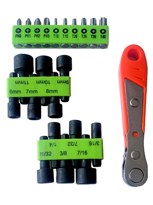 High visibility Ratchet with hex key set and mixed tips.