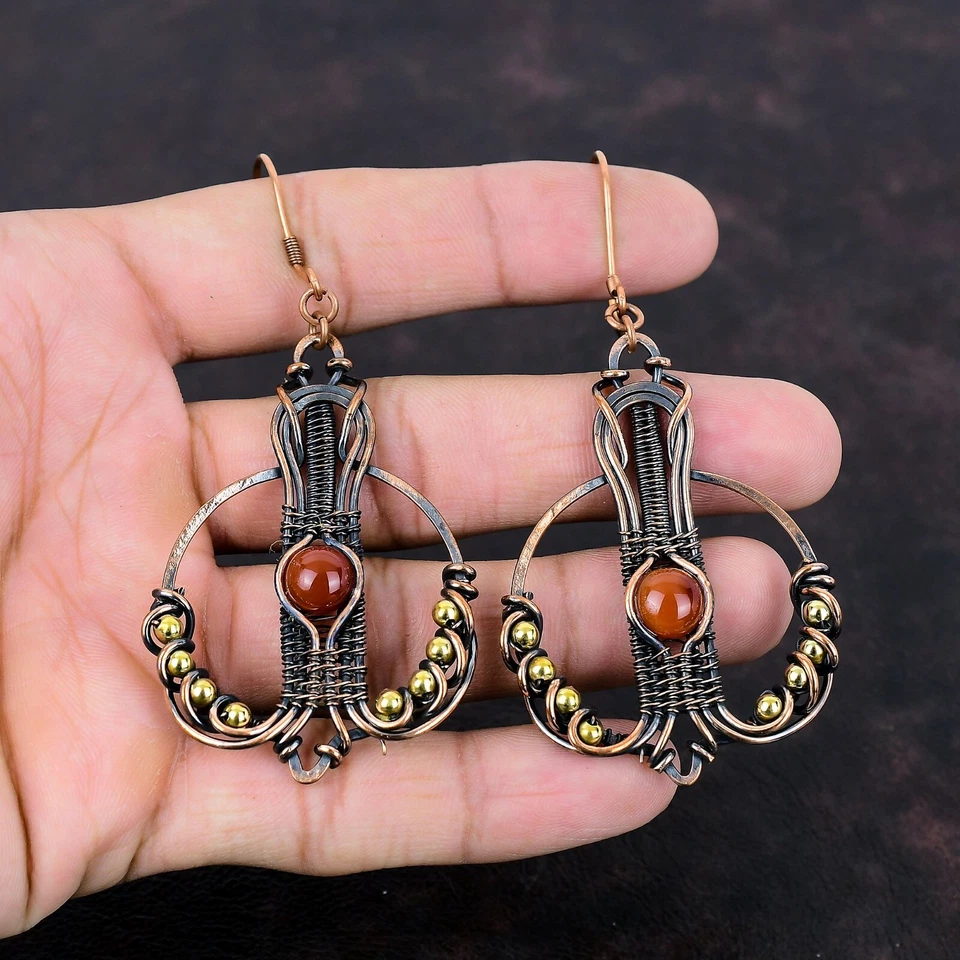 Pendientes colgantes/envueltos en alambre de cornalina regalo día mujer cobre 3,35" Foto 2 de 4